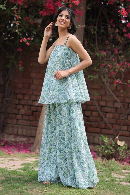 House Of Tushaom Green Georgette Printed Tropical Square Neck Top And Sharara Set at Aza Fashions House Of Tushaom_Green Georgette Printed Tropical Square Neck Top And Sharara Set _at_Aza_Fashions
