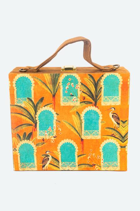 Shop_NR By Nidhi Rathi_Orange Printed Suede Box Clutch With Sling_at_Aza_Fashions