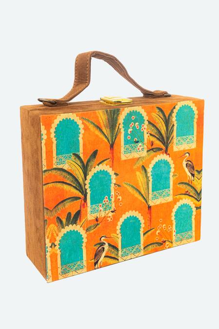 NR By Nidhi Rathi_Orange Printed Suede Box Clutch With Sling_Online_at_Aza_Fashions