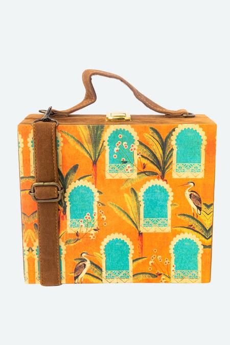 Buy_NR By Nidhi Rathi_Orange Printed Suede Box Clutch With Sling_Online_at_Aza_Fashions