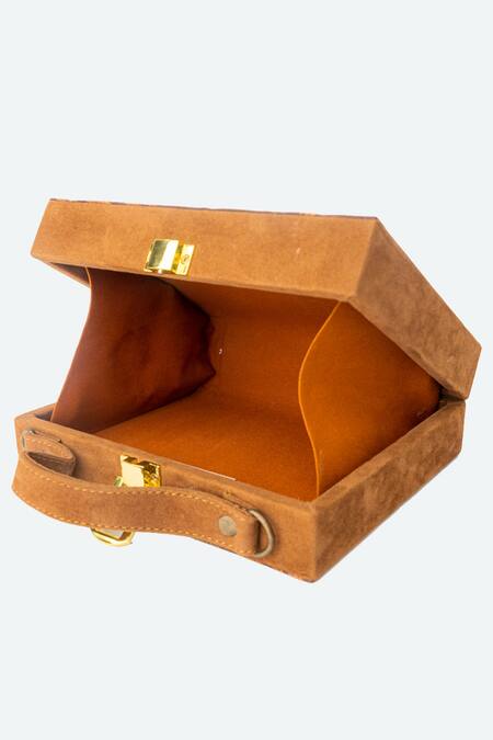Shop_NR By Nidhi Rathi_Orange Printed Suede Box Clutch With Sling_Online_at_Aza_Fashions