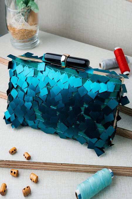 NR BY NIDHI RATHI Blue Embellished Clutch With Sling 