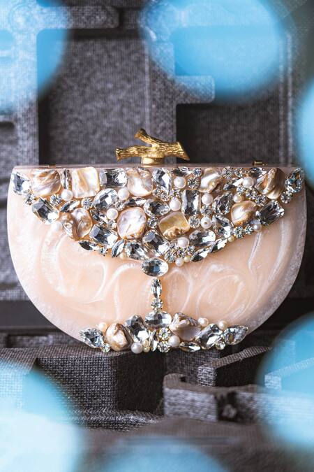 NR BY NIDHI RATHI Beige Embellished Clutch With Sling 