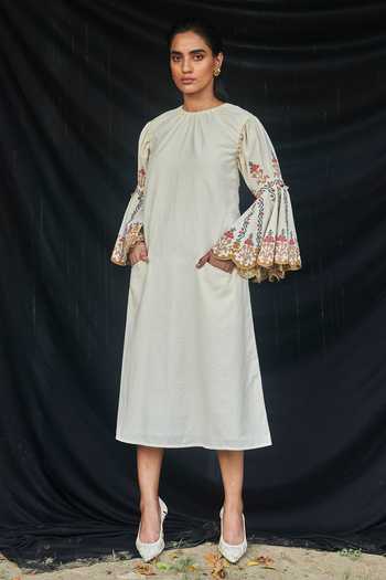 Chandrima_White Kala Cotton Round Bell Sleeve Midi Dress _Online_at_Aza_Fashions