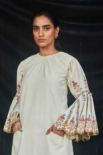 Buy_Chandrima_White Kala Cotton Round Bell Sleeve Midi Dress _Online_at_Aza_Fashions
