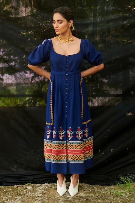 Floral Breeze' 3-Tiered Cotton Midi Dress with Pockets – Fashiana