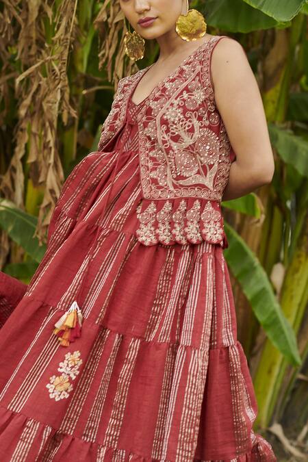 Chandrima Red Chanderi V Neck Tiered Maxi Dress Online at Aza Fashions Chandrima_Red Chanderi V Neck Tiered Maxi Dress _Online_at_Aza_Fashions