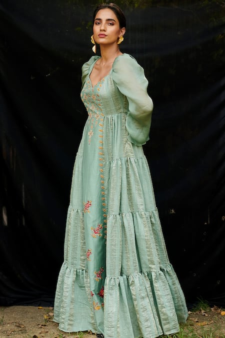 Chandrima Green Chanderi V Neck Tiered Maxi Dress Online at Aza Fashions Chandrima_Green Chanderi V Neck Tiered Maxi Dress _Online_at_Aza_Fashions