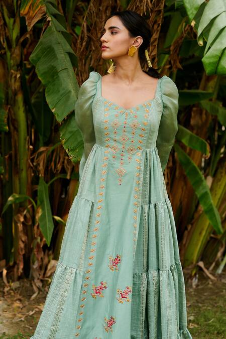 Buy Chandrima Green Chanderi V Neck Tiered Maxi Dress Online at Aza Fashions Buy_Chandrima_Green Chanderi V Neck Tiered Maxi Dress _Online_at_Aza_Fashions