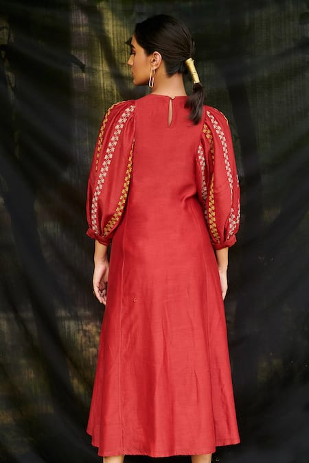 Shop_Chandrima_Red Chanderi Round Midi Dress _at_Aza_Fashions