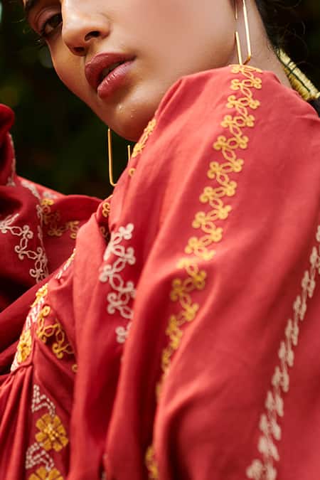 Chandrima_Red Chanderi Round Midi Dress _Online_at_Aza_Fashions