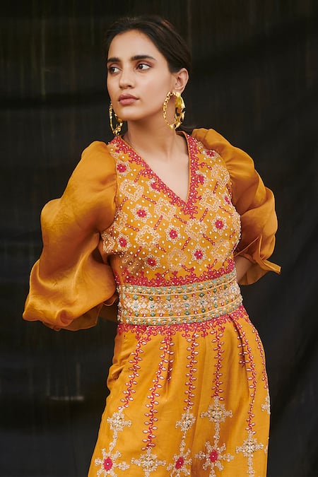 Chandrima_Yellow Chanderi V Neck Flared Jumpsuit _Online_at_Aza_Fashions