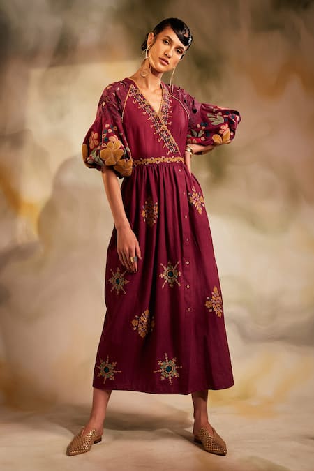 Chandrima Purple Kala Cotton Embroidery V Neck Floral Dress 