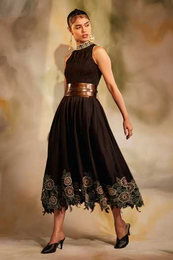 Chandrima_Brown Chanderi Band Collar Asymmetric Dress _Online_at_Aza_Fashions