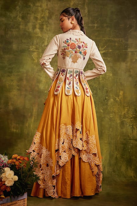 Shop Chandrima White Chanderi V Neck Embroidered Panelled Top at Aza Fashions Shop_Chandrima_White Chanderi V Neck Embroidered Panelled Top _at_Aza_Fashions