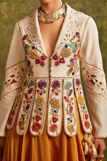 Chandrima White Chanderi V Neck Embroidered Panelled Top at Aza Fashions Chandrima_White Chanderi V Neck Embroidered Panelled Top _at_Aza_Fashions