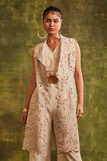 Chandrima White Chanderi Lapel Collar Cutwork Jacket Online at Aza Fashions Chandrima_White Chanderi Lapel Collar Cutwork Jacket _Online_at_Aza_Fashions
