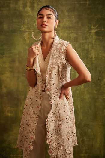 Buy Chandrima White Chanderi Lapel Collar Cutwork Jacket Online at Aza Fashions Buy_Chandrima_White Chanderi Lapel Collar Cutwork Jacket _Online_at_Aza_Fashions