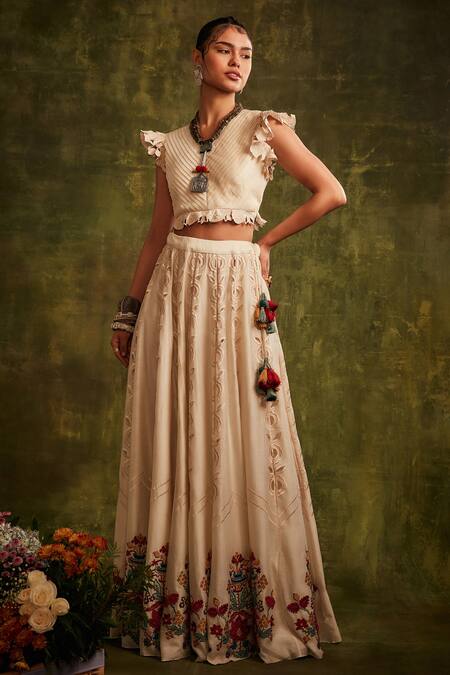 Chandrima_White Chanderi Cutwork Lehenga _Online_at_Aza_Fashions