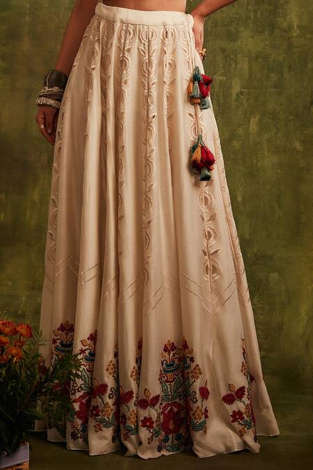 Buy_Chandrima_White Chanderi Cutwork Lehenga _Online_at_Aza_Fashions