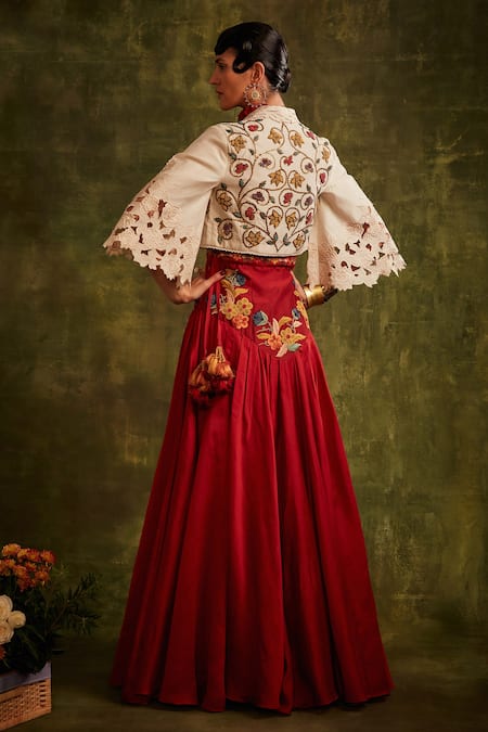 Shop_Chandrima_Red Chanderi Panelled Lehenga _at_Aza_Fashions