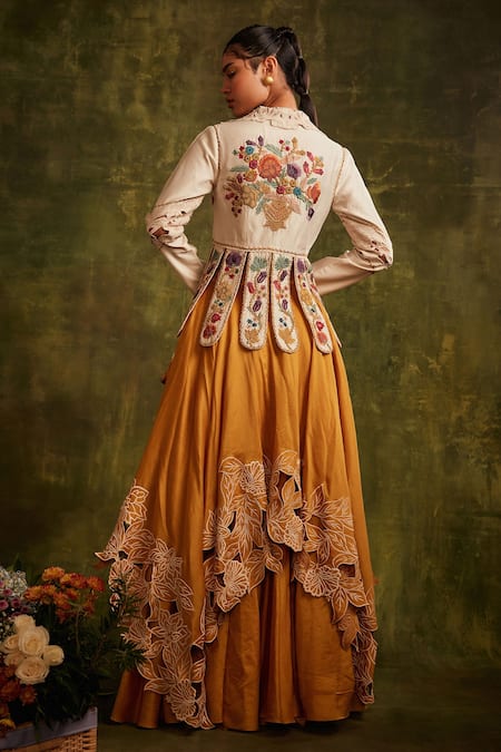 Shop_Chandrima_Yellow Chanderi Layered Lehenga _at_Aza_Fashions