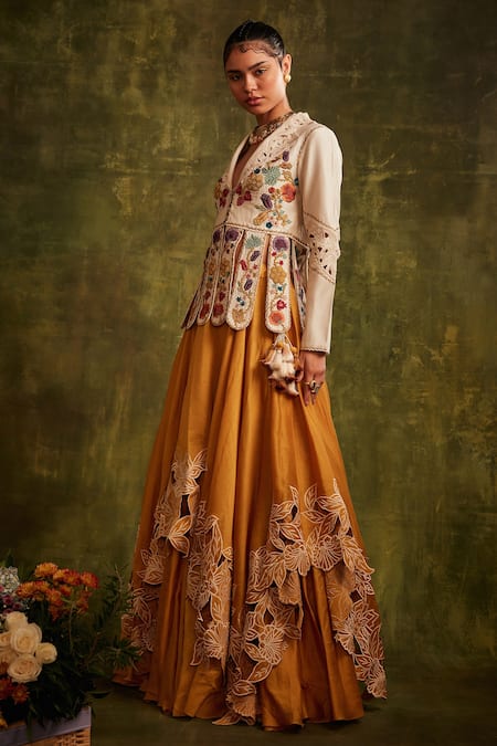 Chandrima_Yellow Chanderi Layered Lehenga _Online_at_Aza_Fashions