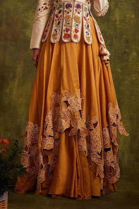 Buy_Chandrima_Yellow Chanderi Layered Lehenga _Online_at_Aza_Fashions