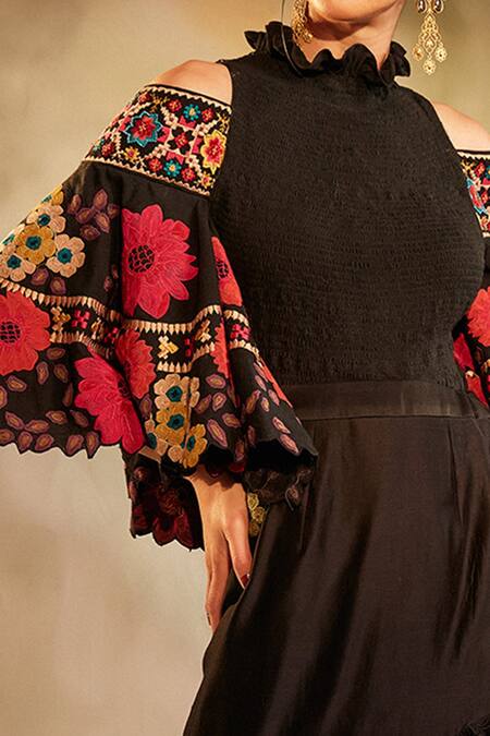 Buy_Chandrima_Black Kala Cotton Round Embroidered Cold Shoulder Top _Online_at_Aza_Fashions