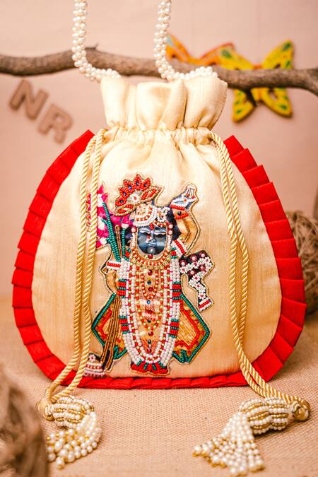 NR By Nidhi Rathi Beige Embroidered Temple Motif Potli Bag