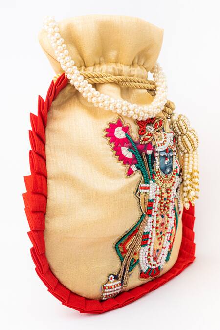 NR By Nidhi Rathi_Beige Embroidered Temple Motif Potli Bag_Online_at_Aza_Fashions
