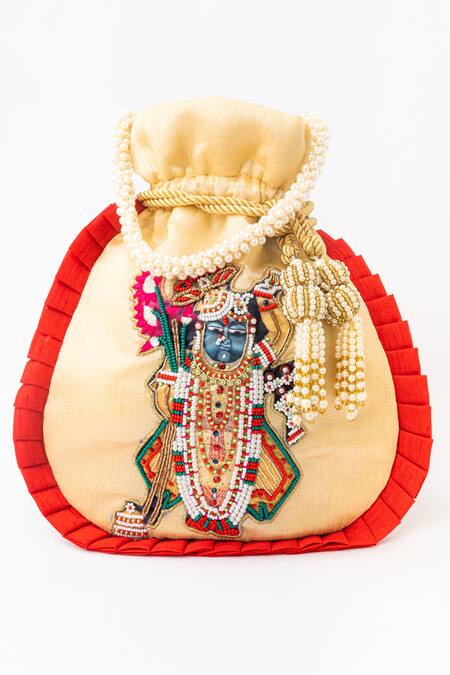 Buy_NR By Nidhi Rathi_Beige Embroidered Temple Motif Potli Bag_Online_at_Aza_Fashions