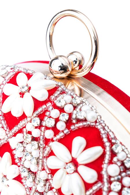 Shop_NR By Nidhi Rathi_Red Embroidery Ava Velvet Round Clutch_Online_at_Aza_Fashions