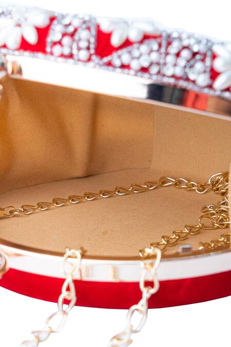 NR By Nidhi Rathi_Red Embroidery Ava Velvet Round Clutch_at_Aza_Fashions