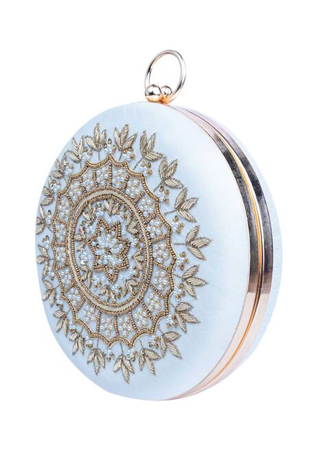 NR By Nidhi Rathi_White Hand Embroidered Ava Round Clutch_Online_at_Aza_Fashions