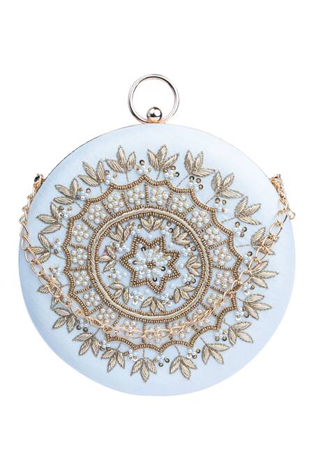 Buy_NR By Nidhi Rathi_White Hand Embroidered Ava Round Clutch_Online_at_Aza_Fashions
