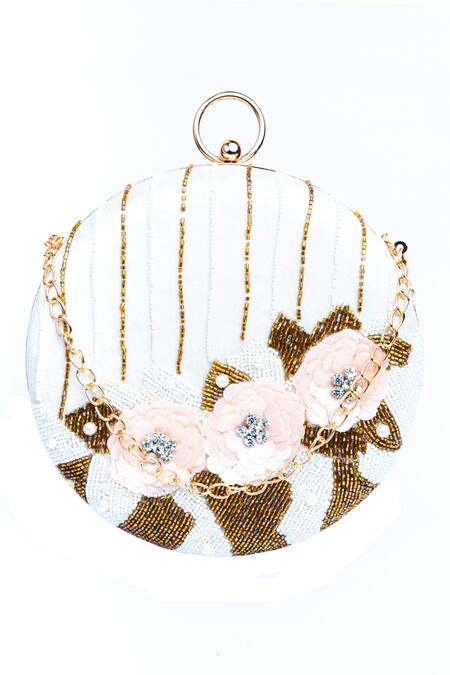 Buy_NR By Nidhi Rathi_White Hand Embroidered Camila Round Clutch_Online_at_Aza_Fashions