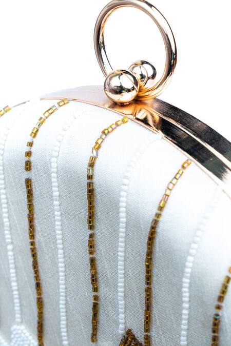 Shop_NR By Nidhi Rathi_White Hand Embroidered Camila Round Clutch_Online_at_Aza_Fashions