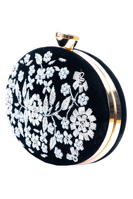 NR By Nidhi Rathi_Black Hand Embroidered Alya Velvet Oval Clutch_Online_at_Aza_Fashions
