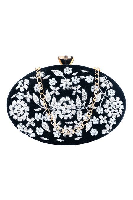 Buy_NR By Nidhi Rathi_Black Hand Embroidered Alya Velvet Oval Clutch_Online_at_Aza_Fashions