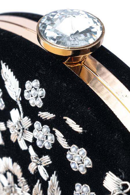 NR By Nidhi Rathi_Black Hand Embroidered Alya Velvet Oval Clutch_at_Aza_Fashions