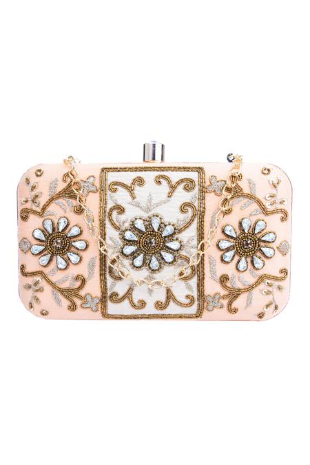 Buy_NR By Nidhi Rathi_Peach Hand Embroidered Maha Raw Silk Clutch With Sling_Online_at_Aza_Fashions