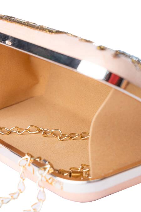 Shop_NR By Nidhi Rathi_Peach Hand Embroidered Maha Raw Silk Clutch With Sling_Online_at_Aza_Fashions