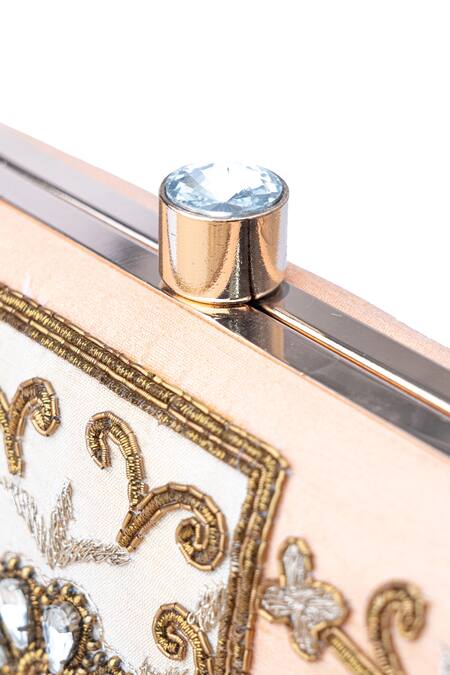 NR By Nidhi Rathi_Peach Hand Embroidered Maha Raw Silk Clutch With Sling_at_Aza_Fashions