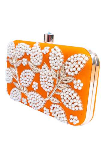NR By Nidhi Rathi_Orange Embroidery, Beads Fanta Raw Silk Clutch With Sling_Online_at_Aza_Fashions