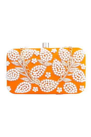 Buy_NR By Nidhi Rathi_Orange Embroidery, Beads Fanta Raw Silk Clutch With Sling_Online_at_Aza_Fashions