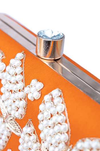 NR By Nidhi Rathi_Orange Embroidery, Beads Fanta Raw Silk Clutch With Sling_at_Aza_Fashions