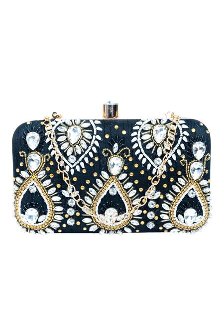 Buy_NR By Nidhi Rathi_Black Hand Embroidered Millennium Clutch With Sling_Online_at_Aza_Fashions
