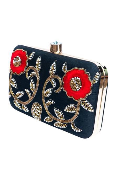 NR By Nidhi Rathi_Black Hand Embroidered Rose Clutch_Online_at_Aza_Fashions