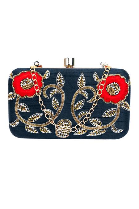 Buy_NR By Nidhi Rathi_Black Hand Embroidered Rose Clutch_Online_at_Aza_Fashions